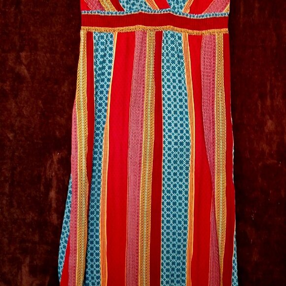 Avon Calico Colorful Patchwork Print Striped Sleeveless V-neck Maxi Dress (L) - Picture 1 of 4